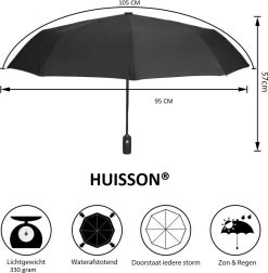 HUISSON Paraplu Stormparaplu Automatisch Uit En Inklapbaar Opvouwbaar Lichtgewicht 330 Gram Windproof Zwart -Sport Buiten 1175x1200 3