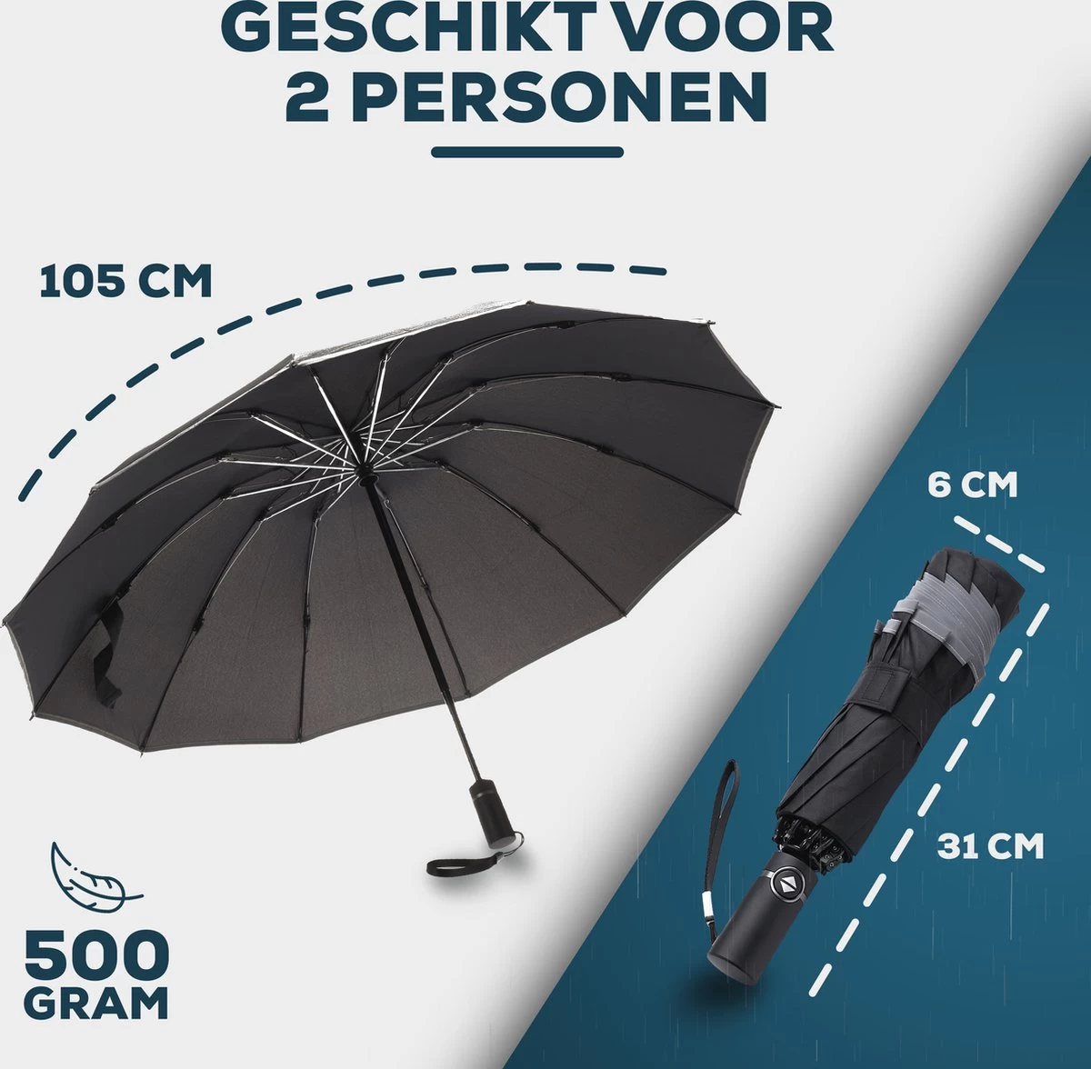 Stormparaplu - Opvouwbaar - 105 CM - Paraplu - Automatisch In En Uit Klapbaar - Stormbestendig Tot 140 Km/h - Luxe Beschermhoes 7 Stormparaplu - Opvouwbaar - 105 CM - Paraplu - Automatisch In En Uit Klapbaar - Stormbestendig Tot 140 Km/h - Luxe Beschermhoes - Afbeelding 6