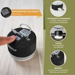 Skandika Campinglamp Tarfala – Tentlampen – Campinglampen – Kampeerlamp – Tentlamp Oplaadbaar, Traploos Dimbaar, Ophanghaak, USB Aansluiting – 3600 MAh Powerbank – Warm Wit, Koel Wit, 110 H Batterij – Tentlamp Buiten – Energieklasse A ++ - Zwart -Sport Buiten 1200x1200 143