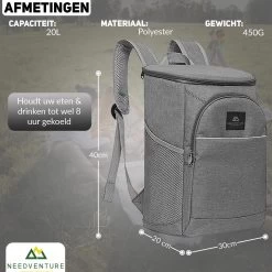 Needventure Koeltas - Lunchtas - Koelrugtas - Picknicktas - 20 Liter - Flessenhouder - Bieropener - Grijs -Sport Buiten 1200x1200 169