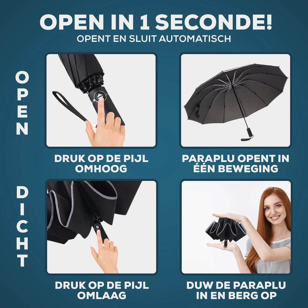 Stormparaplu - Opvouwbaar - 105 CM - Paraplu - Automatisch In En Uit Klapbaar - Stormbestendig Tot 140 Km/h - Luxe Beschermhoes 8 Stormparaplu - Opvouwbaar - 105 CM - Paraplu - Automatisch In En Uit Klapbaar - Stormbestendig Tot 140 Km/h - Luxe Beschermhoes - Afbeelding 7