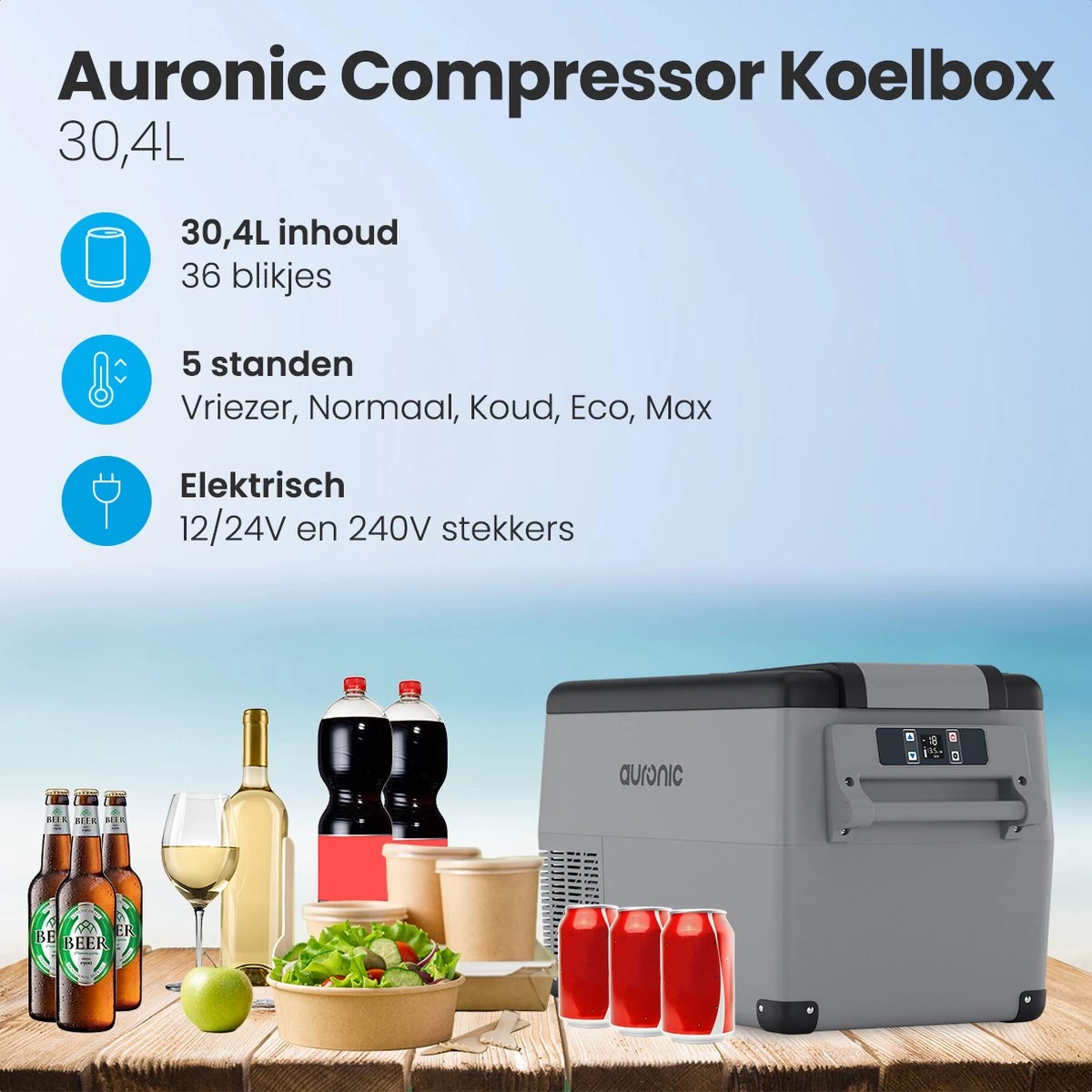Auronic Elektrische Koelbox - 30.4L - Compressor - 12V En 240V - Grijs 4 Auronic Elektrische Koelbox - 30.4L - Compressor - 12V En 240V - Grijs - Afbeelding 2